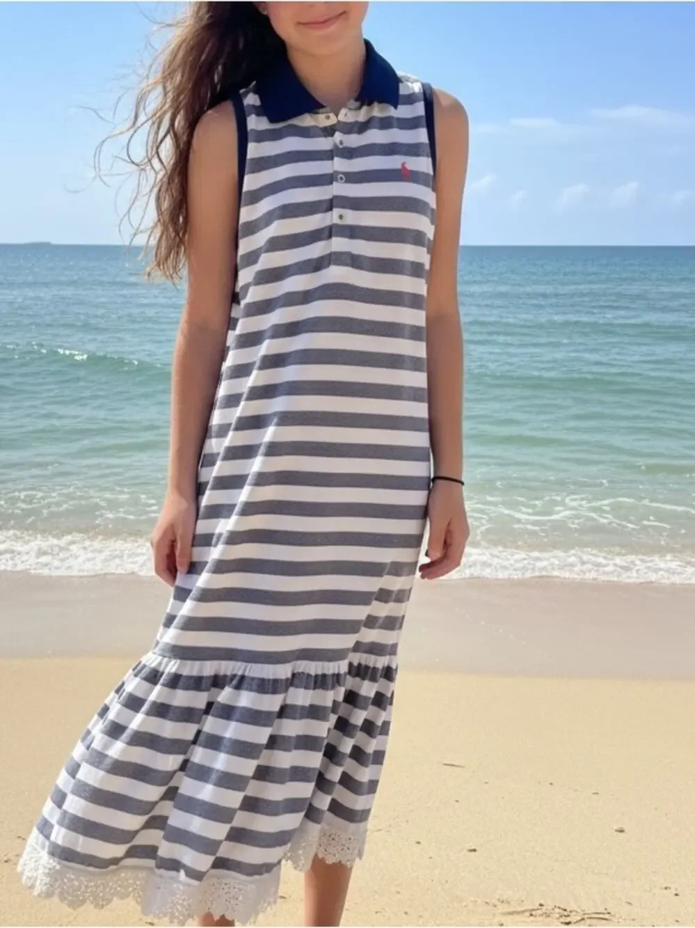 NWT Ralph Lauren Navy White Striped Sleeveless Polo Lace Pink pony Size XL 16